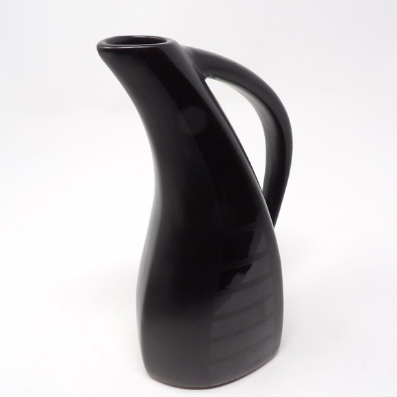 Vintage Black Tone on Tone Glazed Ceramic Pitcher Matte with Glossy Stripes Uniq - Picture 9 of 10